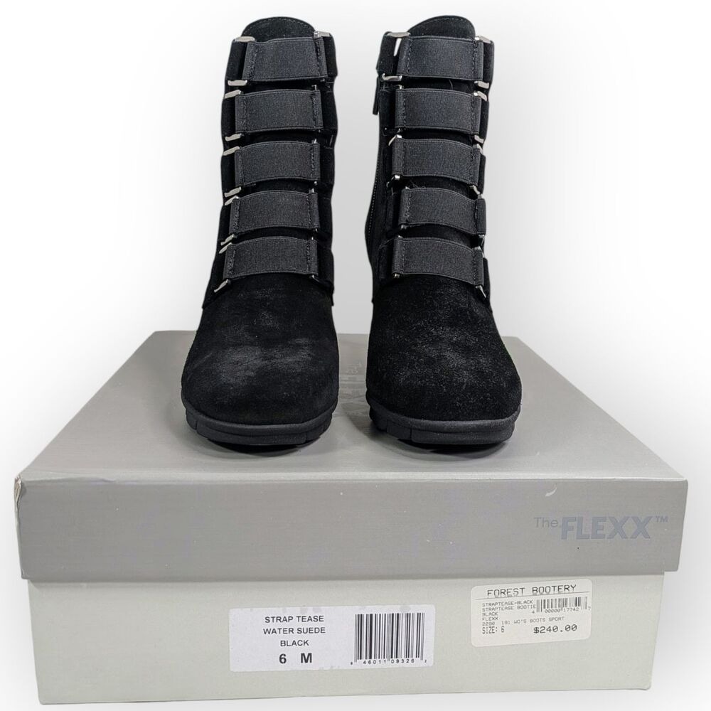 NEW The Flexx Women's Strap Tease Black Waterproof Suede Heeled Boot Size 6 M - Picture 5 of 8